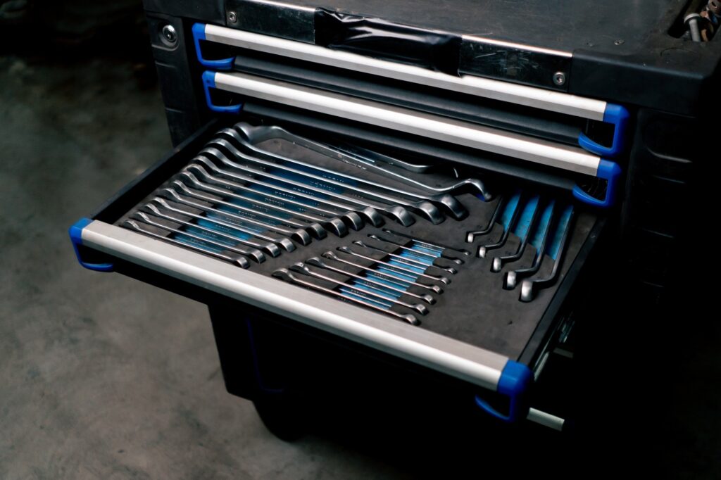 service station special table with drawers containing tools for the car